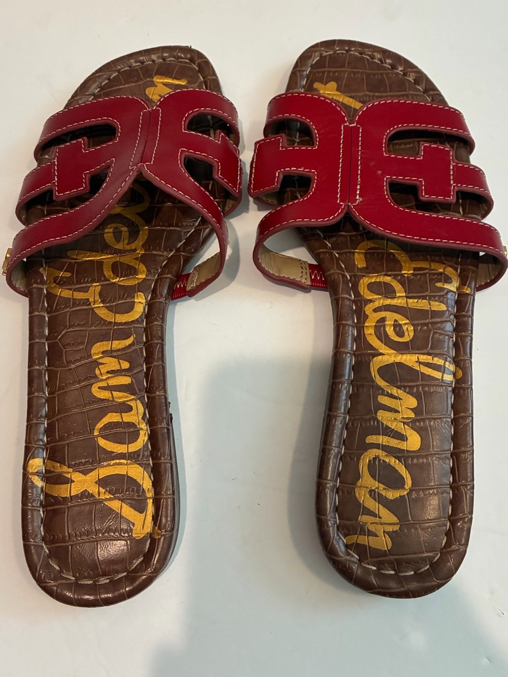 Sam Edelman Red Leather Slide Sandals with Brown Footbed